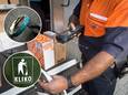 Postbode van PostNL aan het werk. Inzetjes: de verloren trouwring en een afbeelding van een groene kliko.