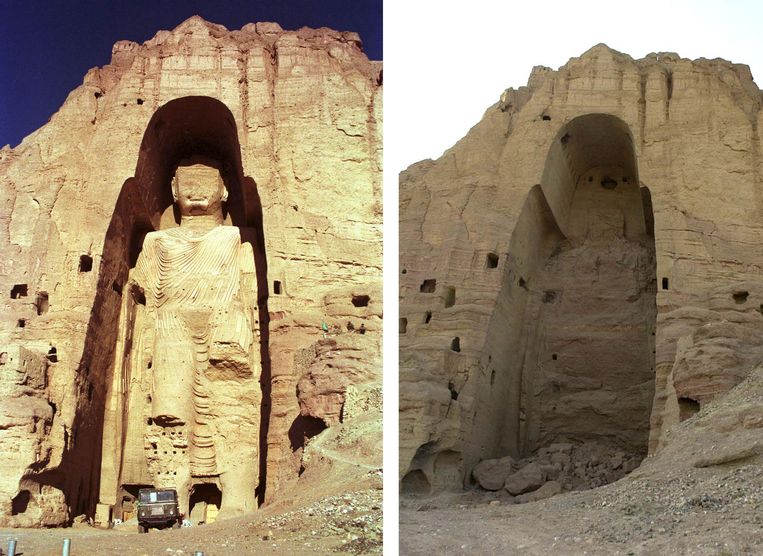 Een van de Boeddha’s van Bamyan, voor en na de vernietiging in 2001. Beeld EPA