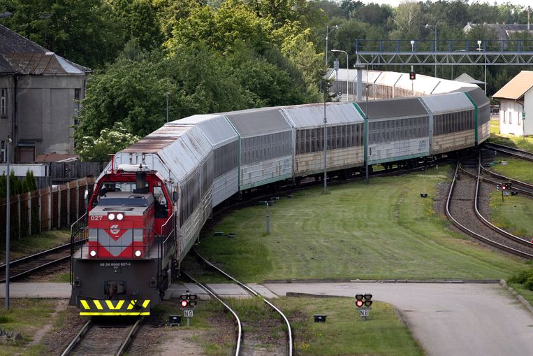 Een vrachttrein vertrekt uit Kaliningrad en gaat op weg naar de Litouwse stad Kybartai, 22 juni. Beeld Mindaugas Kulbis / AP
