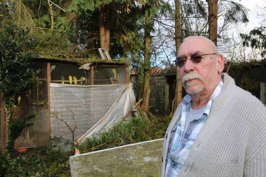 Michel Ceusters bij een volière die nog enigszins gespaard bleef.