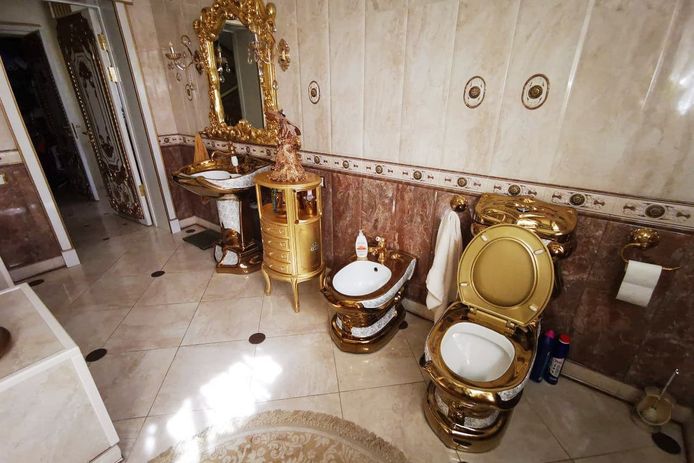 De vrijstaande villa heeft een badkamer met gouden toiletpot
