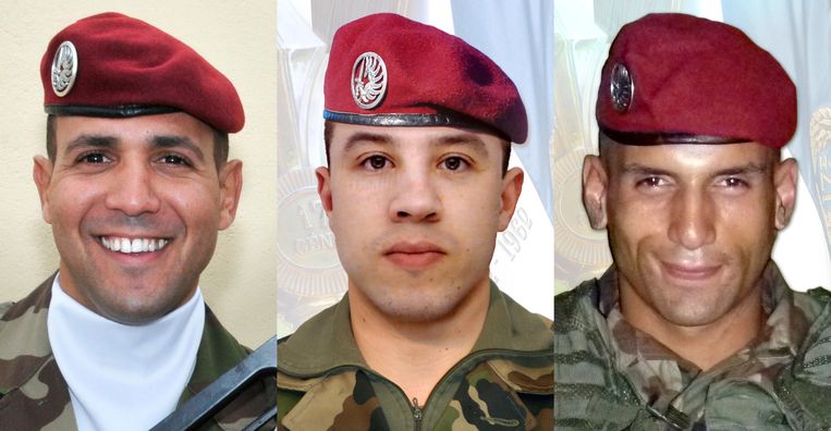 Imad Ibn Ziaten, Abel Chennouf and Mohamed Legouade, de drie militairen die in koelen bloede vermoord werden. Beeld AFP