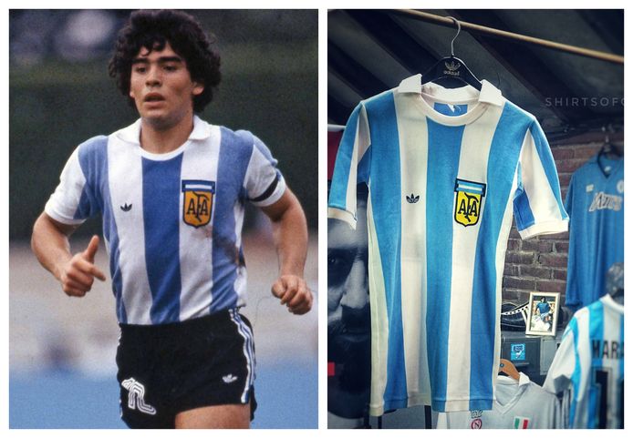 Een jonge Maradona (links) met het shirt aan, rechts het shirt van ‘Pluisje’ in de verzameling in Denekamp.