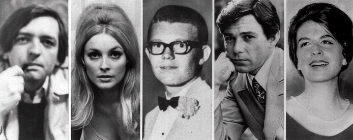 De vijf slachtoffers van de Manson familie: Wojciech Frykowski, Sharon Tate, Stephen Parent, Jay Sebring, and Abigail Folger. (AP Photo/File)