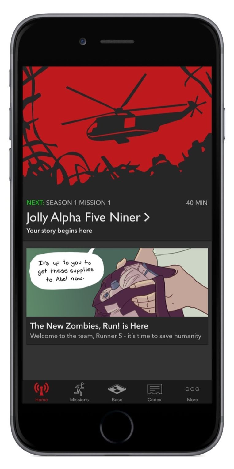De app Zombies, Run! is een fitnessgame waarin hardlopers door opdrachten uit te voeren uit handen van (virtuele) zombies moeten blijven. Beeld Six To Run