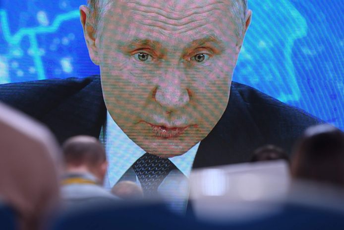 De Russische president Vladimir Poetin op zijn jaarlijkse persconferentie, die dit jaar digitaal plaatsvond.