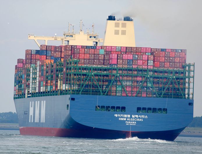 Containerschip Algeciras afgelopen zomer op de Westerschelde ter hoogte van Terneuzen.