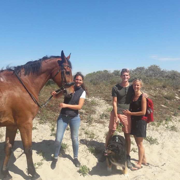 Het geredde paard New Star, Hylke Castelain en redders Jan-Pieter en zijn vriendin Stefanie.