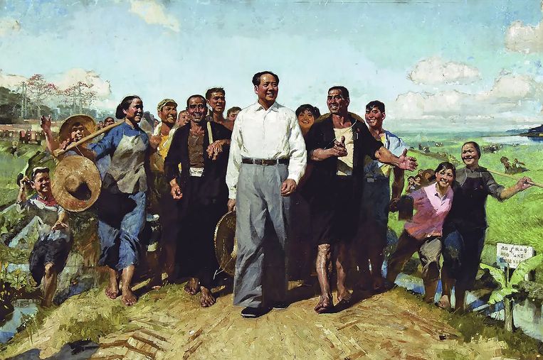 Een propagandaposter toont Mao Zedong op het Chinese platteland. Beeld Getty 