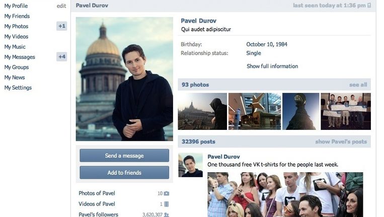 VK-profiel van Pavel Durov Beeld Screenshot VKontakte