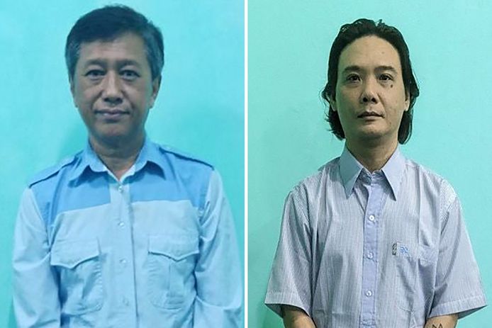 Photographies non datées des personnes arrêtées par la junte birmane. À gauche, Kyaw Min Yu, 53 ans, dit "Jimmy", et à droite, Phyo Zeya Thaw, 41 ans.
