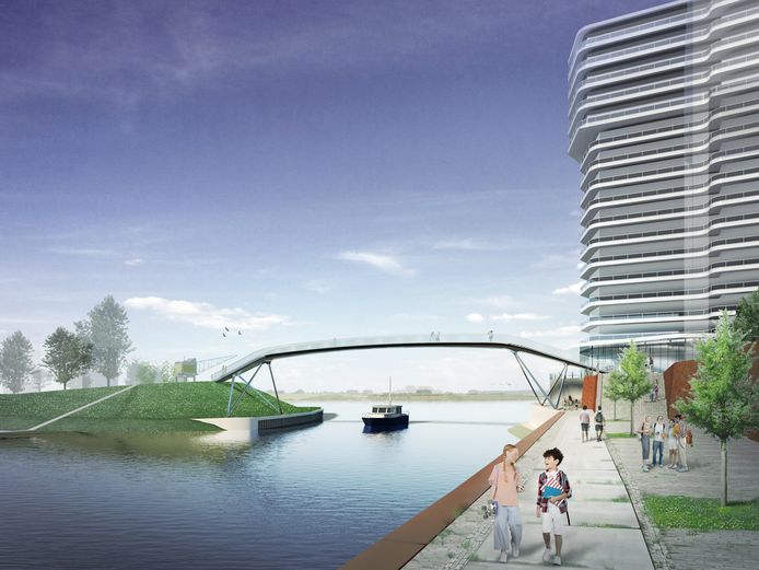 Een illustratie van de nieuwe voetgangersbrug over de Waalhaven.