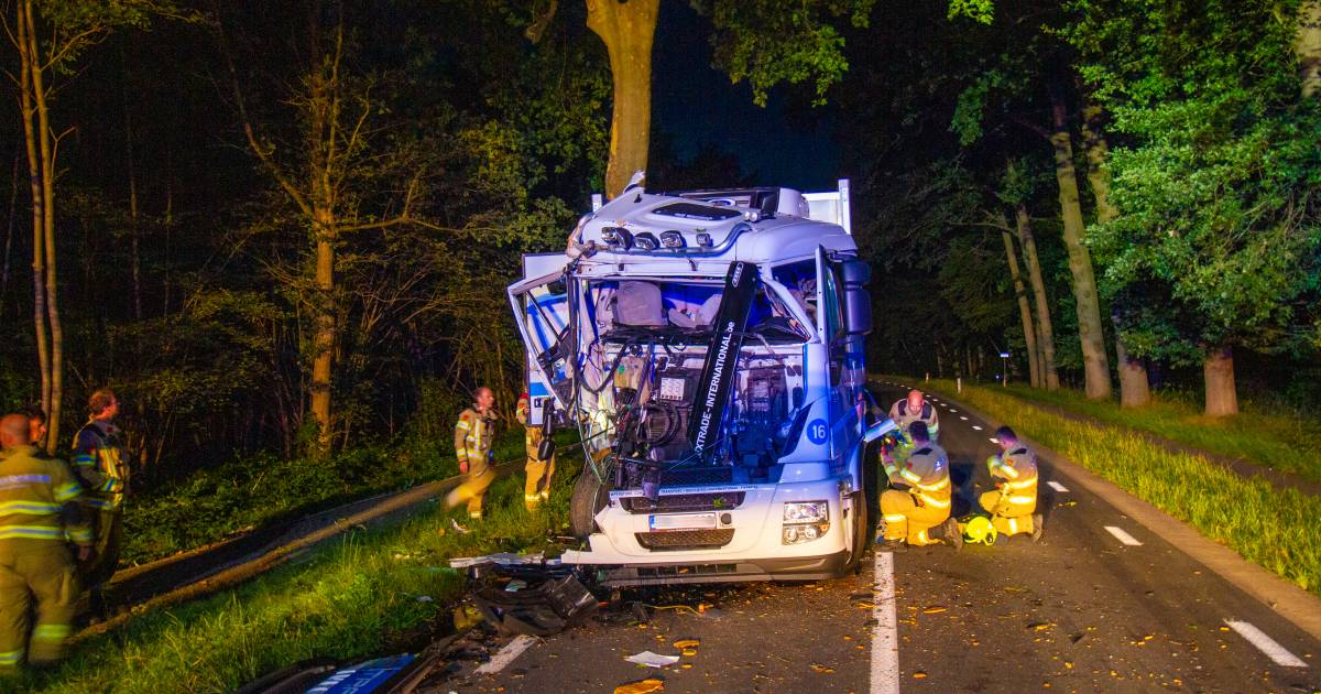Vrachtwagenchauffeur komt met de schrik vrij na botsing tegen boom in Terschuur.
