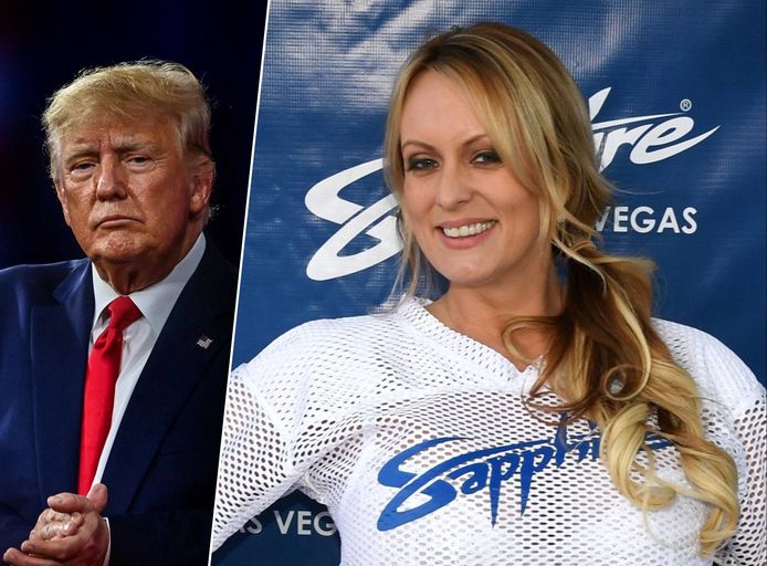 Stormy Daniels en Donald Trump (links).