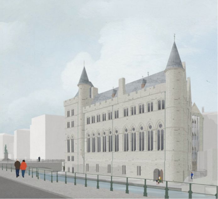 Het vernieuwde Geerard de Duivelsteen gezien vanop de Reep. Merk op dat de kaaimuur voor het gebouw wordt opgehoogd, waardoor je er opnieuw zal kunnen wandelen.