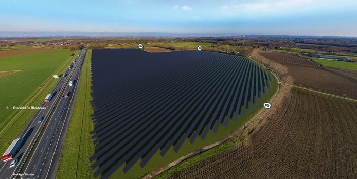 Impressie van het beoogde zonneveld bij Hernen en Leur. Links loopt de snelweg A50. De landweg onderlangs is de Bankhoeve.