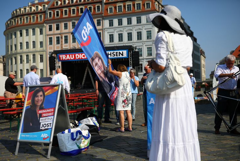 Alternative für Deutschland op verkiezingstoer in Dresden’, de hoofdstad van de deelstaat Saksen. Beeld REUTERS