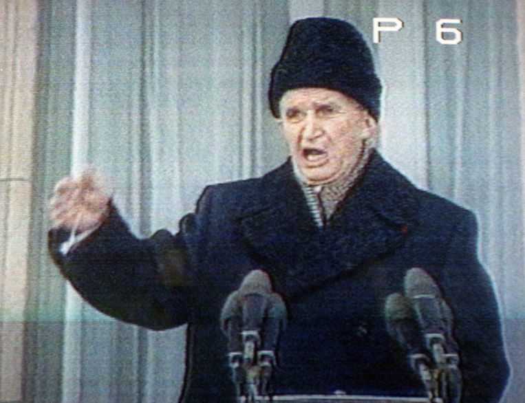Nicolae Ceausescu tijdens zijn laatste publieke speech. Beeld AFP