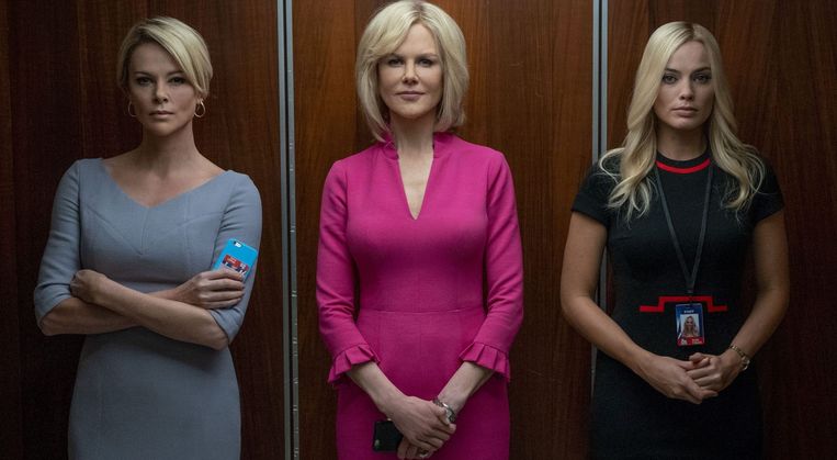‘Bombshell’ vertelt het waargebeurde verhaal van de vrouwen –Charlize Theron, Nicole Kidman en Margot Robbie – die voor de Amerikaanse zender Fox werken. CEO Roger Ailes moest ontslag nemen wegens grensoverschrijdend gedrag.  Beeld rv