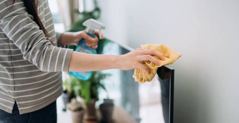 Cropped shot of a young woman cleaning the surface of a TV with cleaning spray and antistatic cloth at home during the day Beeld 
