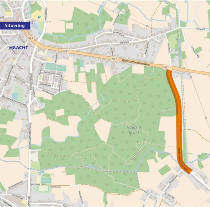 Kaart met ligging van de nieuw aan te leggen fietspaden langs de Wijgmaalsesteenweg in Haacht.