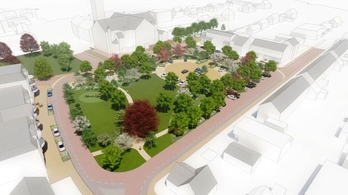 Dit is de voorlopige schets van de parkachtige nieuwe inrichting van het Willem-Alexanderplein. Inmiddels ligt het definitieve ontwerp klaar.