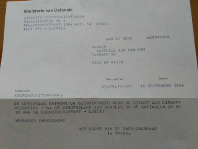 Afwijzingsbrief Louis van den Dungen voor militaire dienstplicht.