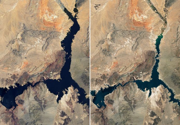 Satellietbeelden van NASA van Lake Mead van begin juli 2000 (links) en begin juli dit jaar (rechts) tonen duidelijk aan dat het waterpeil van het stuwmeer in twee decennia drastisch is gedaald.