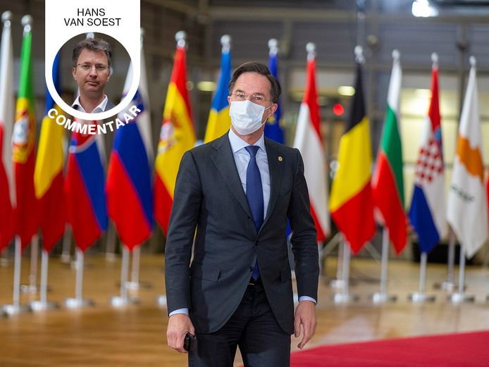 Premier Mark Rutte op een speciale EU-top in Brussel donderdagavond waar werd gepraat over sancties tegen Rusland.