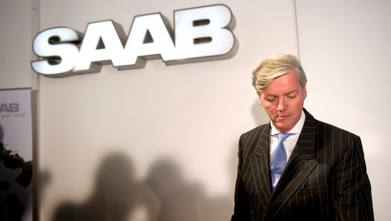Victor Muller, eigenaar van Saab, tijdens een persconferentie begin september in het Zweedse Trollhattan. Beeld afp