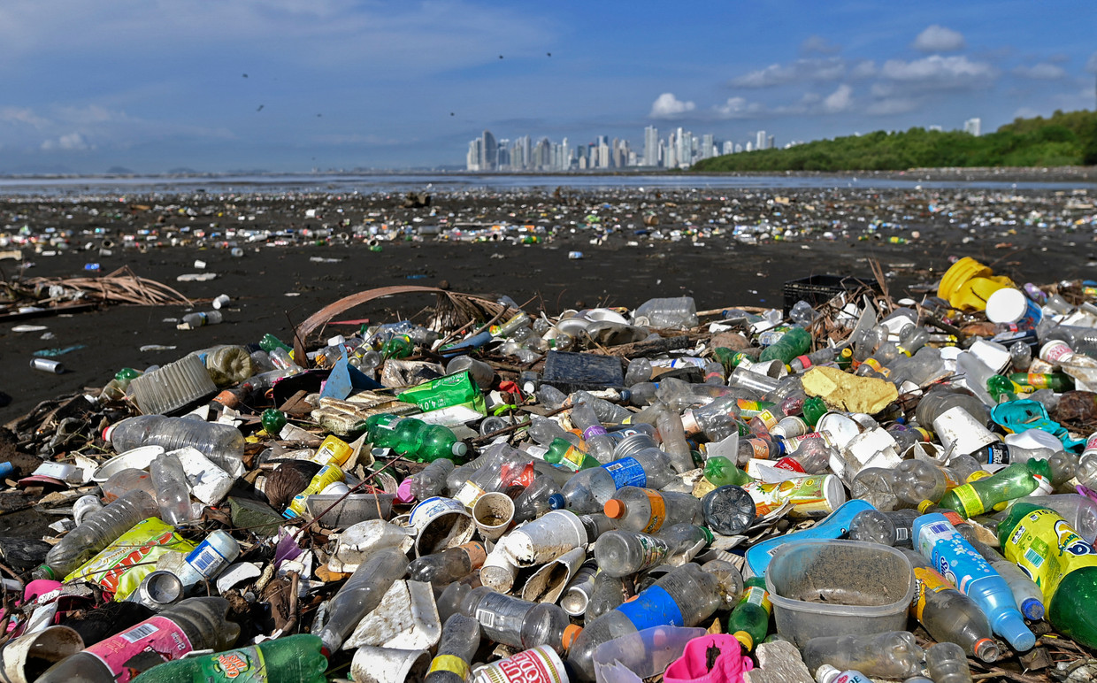 Foto van plastic afval bij strand