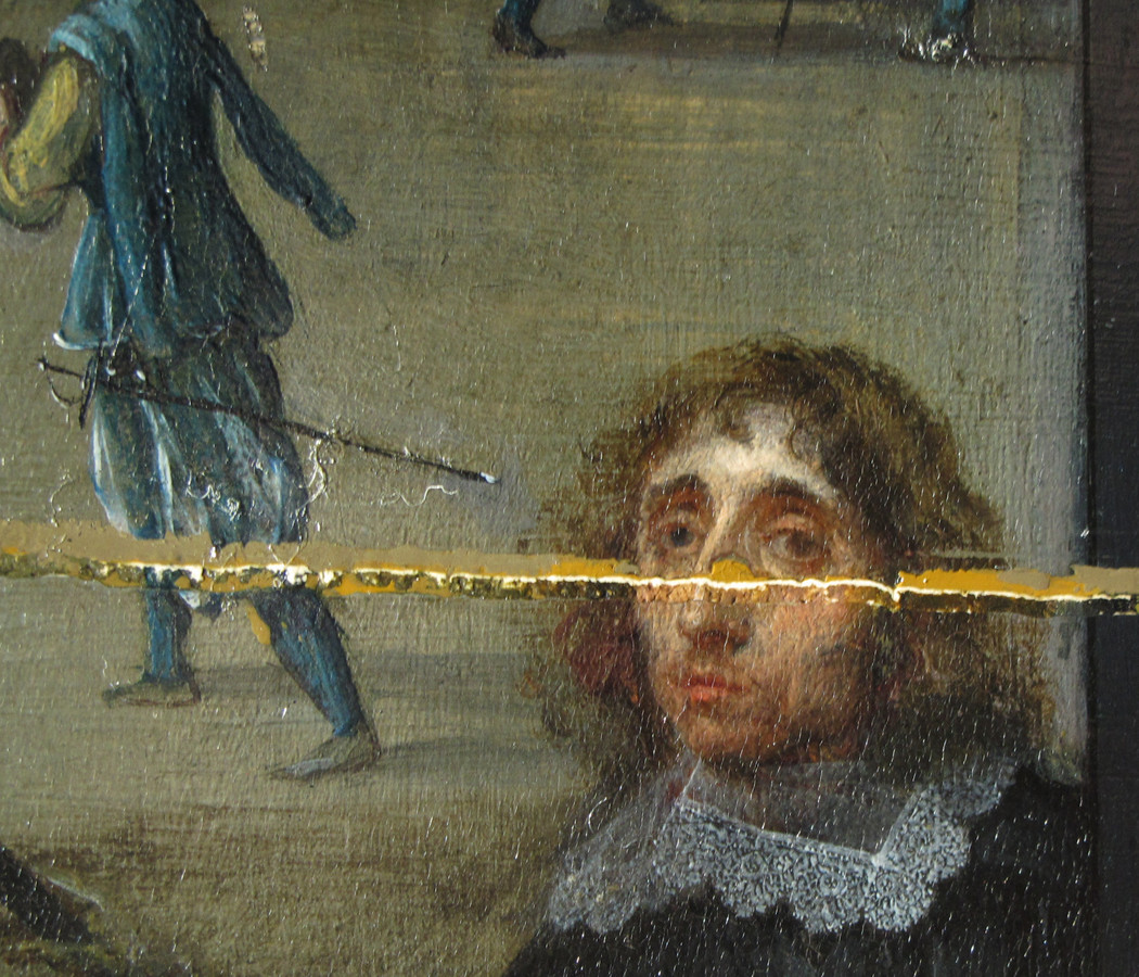 De restauratie legde details van de originele verflaag bloot, zoals de ogen van schilder Willem van Haecht.