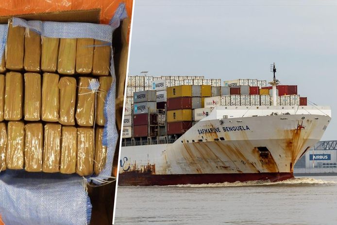 Het containerschip Safmarine Benguela waarmee een van de gepakte ladingen cocaïne naar Rotterdam werd gesmokkeld. De foto is in 2021 gemaakt in Hamburg. Rechts: de cocaïne zoals die bij een van de transporten werd aangetroffen.