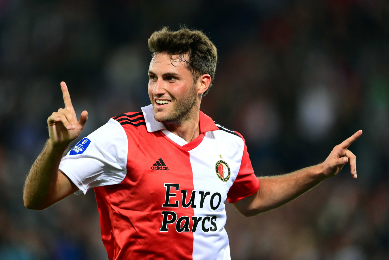  Santiago Gimenez, a Mexican professional footballer who plays as a striker for Eredivisie club Feyenoord, celebrates after scoring a goal.