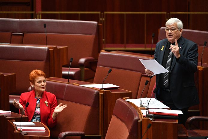 In de Australische Senaat beschuldigden Pauline Hanson en Brian Burston elkaar van seksuele intimidatie.