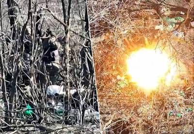 Beelden tonen hoe Russische soldaten Oekraïense drone uitdagen en obscene gebaren maken, maar die antwoordt met granaten