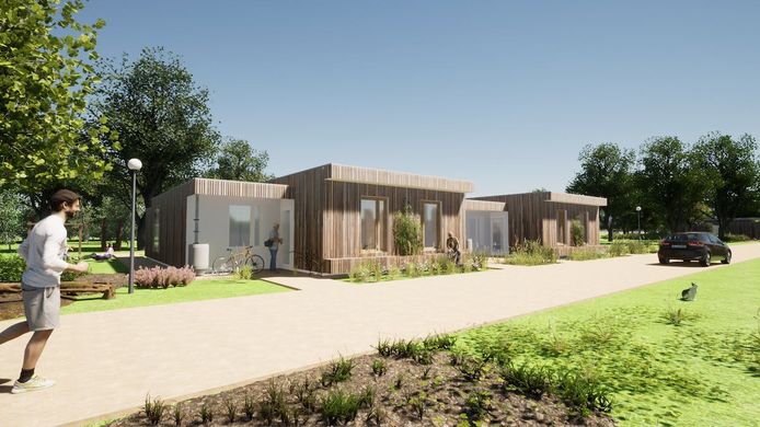 Een schets van een flexwoning. Het geeft een idee hoe de woningen aan de Kraakselaan, vlabij de rotonde, eruit komen te zien.