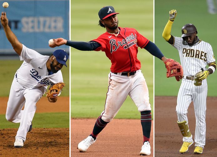 Kenley Jansen, Ozzie Albies en Jurickson Profar (vlnr) zorgen voor een oranje tintje in de play-offs.