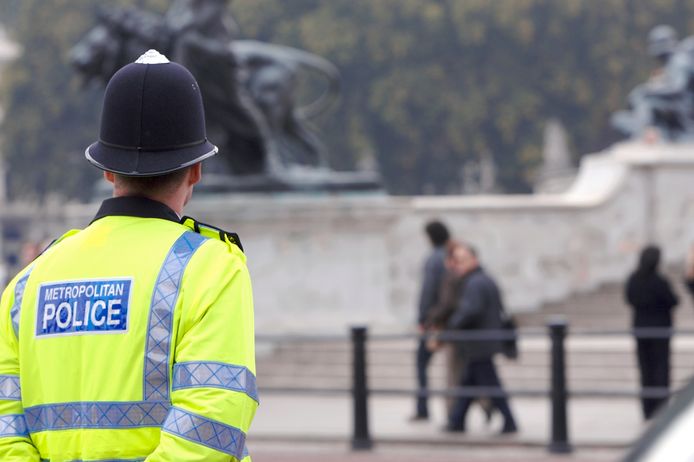 Een agent bekijkt voorbijgangers in de buurt van Buckingham Palace.