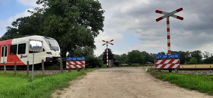 De nu nog openbare niet beveiligde overgang aan de Rietgerweg in Warnsveld. Omwonende Bert Visschers ziet het er geregeld bijna fout gaan met overstekende fietsers of voetgangers.