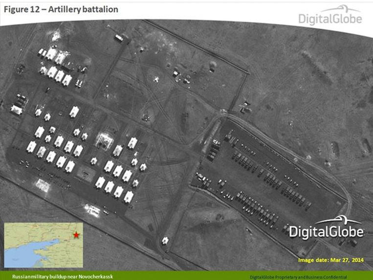 Een satellietfoto, vrijgegeven door SHAPE, die de Russische militaire aanwezigheid nabij de grens met Oekraïne zou aantonen. Beeld REUTERS