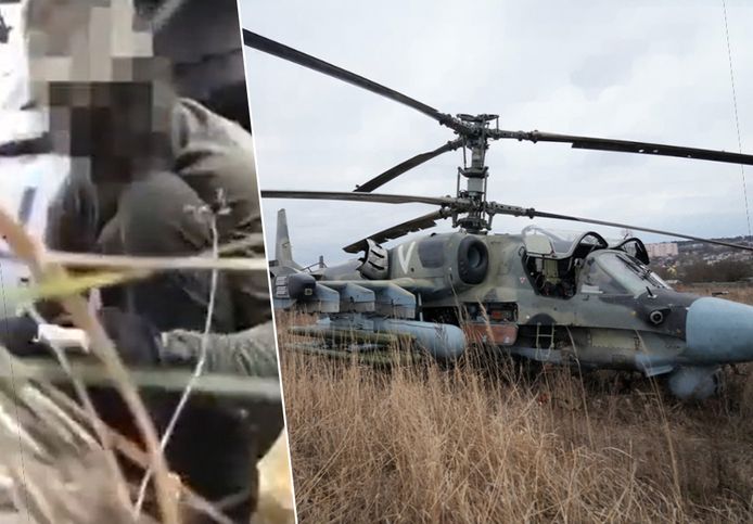 Links: een Oekraïense saboteur legt een explosief onder een Russische helikopter. Rechts: illustratiebeeld van een Russische Ka-52.