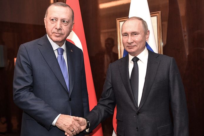 De Turkse president Recep Tayyip Erdogan schudt de hand van zijn Russische ambtsgenoot Vladimir Poetin.