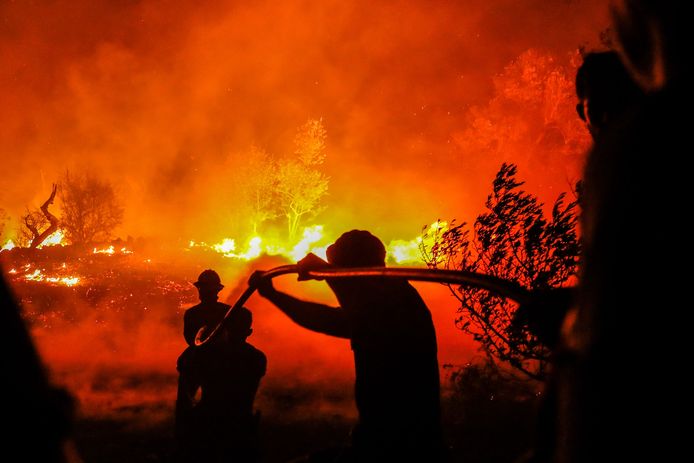 Archiefbeeld. Brandweermannen bestrijden bosbranden in Portugal.