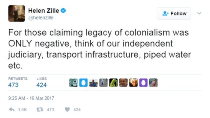Een van de tweets waardoor de Zuid-Afrikaanse politica Helen Zille in de problemen kwam.