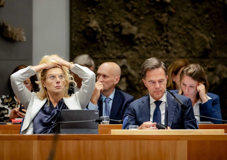 Sigrid Kaag Mark Rutte tijdens de tweede dag van de Algemene Politieke Beschouwingen Beeld ANP