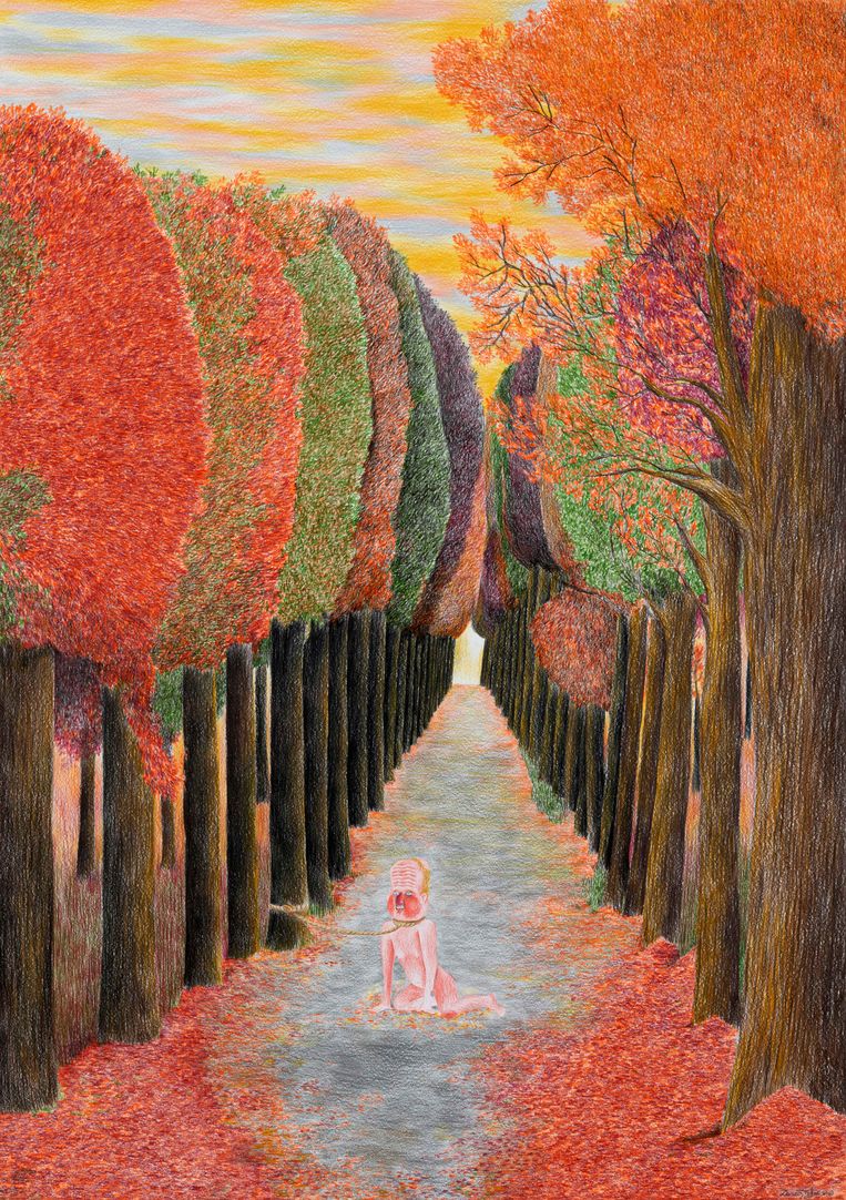 'I Wanna Be Your Dog', 2020, colored pencil on paper, 100 x 70 cm. Beeld DENNIS TYFUS