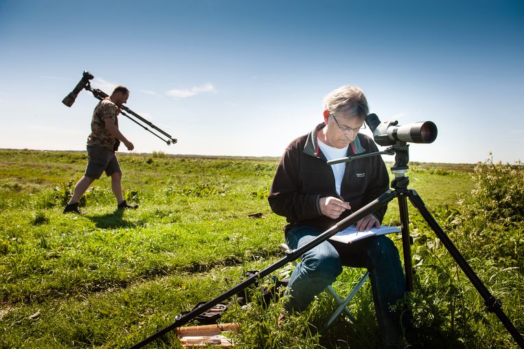 Erik van Ommen zit met zijn telescoop aan het Zuidlaardermeer. 'Kleurenpalet, boekje, penseel, stoeltje en een hoop geduld, dat is alles wat ik nodig heb.' Beeld reyer boxem