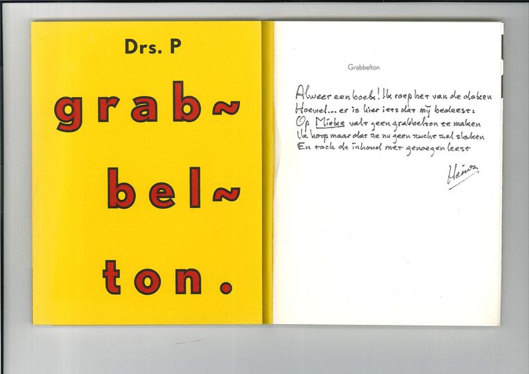 Uitgave van de bundel 'Grabbelton' van drs. P met opdracht aan zijn vrouw Mieke (2001) Beeld .