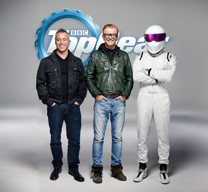Matt LeBlanc, Chris Evans en The Stig voor het BBC-programma ‘Top Gear’.